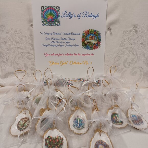 Glorious Gold #3 12 Days of Christmas Oyster Shell Ornaments + 2 Bonus Ornaments - Picture 1 of 7